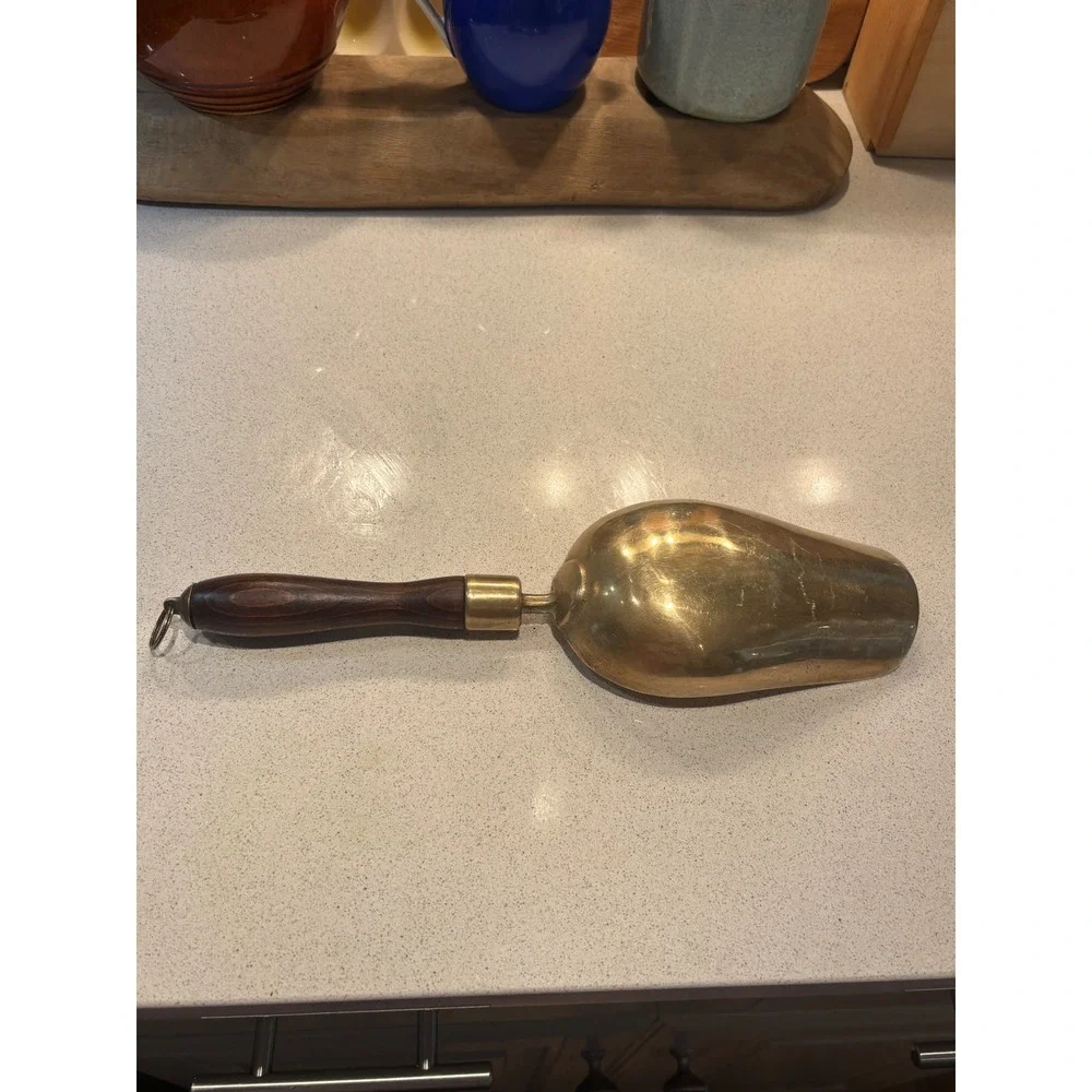 Vintage Brass Flour Grain Scoop Dark Wood Handle Hanging Ring Farmhouse Decor